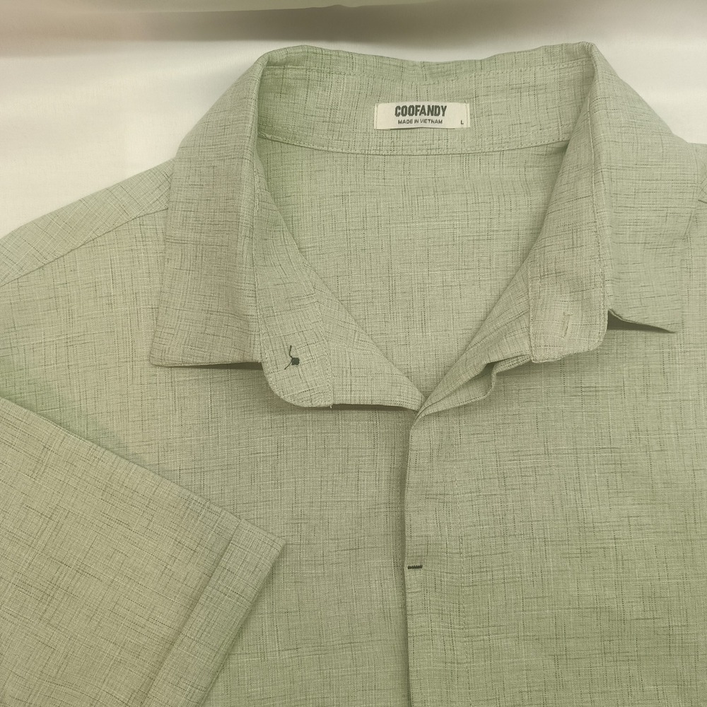 Coofandy Shirt Mens L Green Linen Blend Button‎ Up Short Sleeve Casual Beach